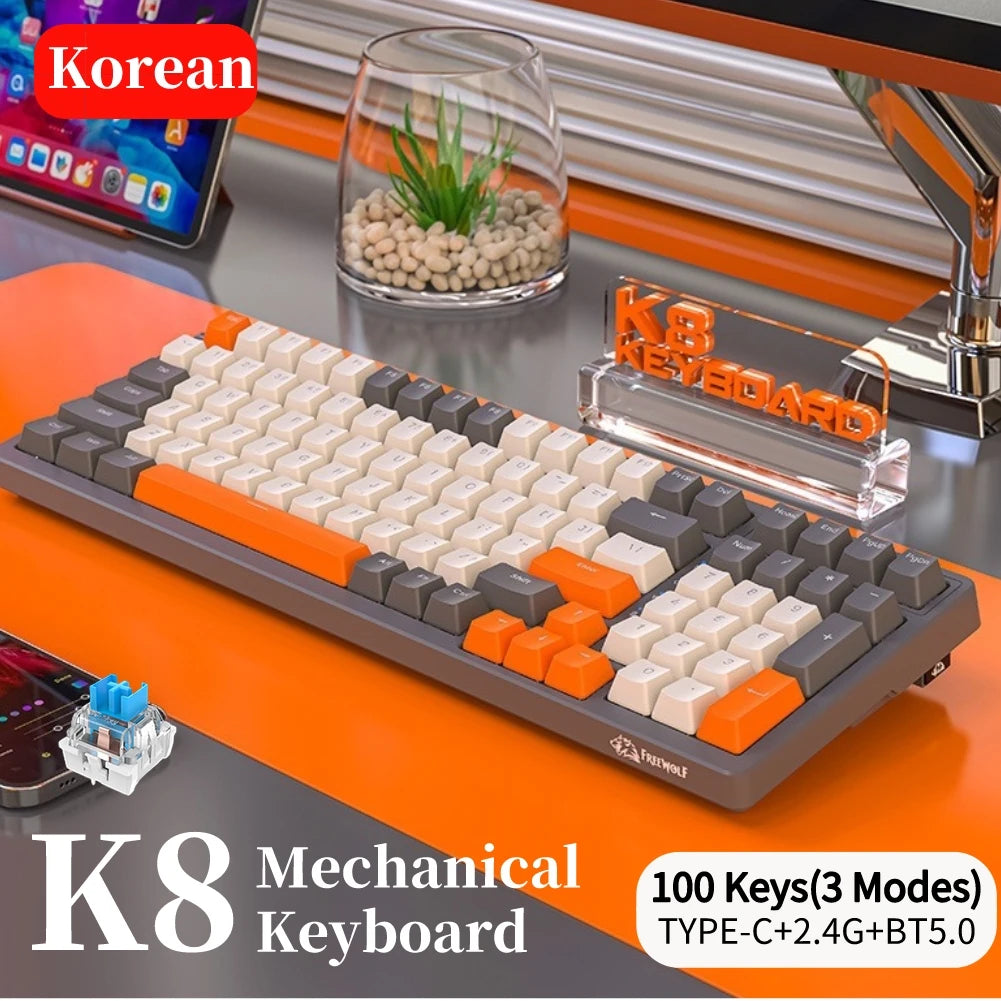 Korean K96 Mechanical Gaming Keyboard Wireless Wired Keyboard Bluetooth-compatible Gamer Keypad 100 Keys K6 Personalized Keycap
