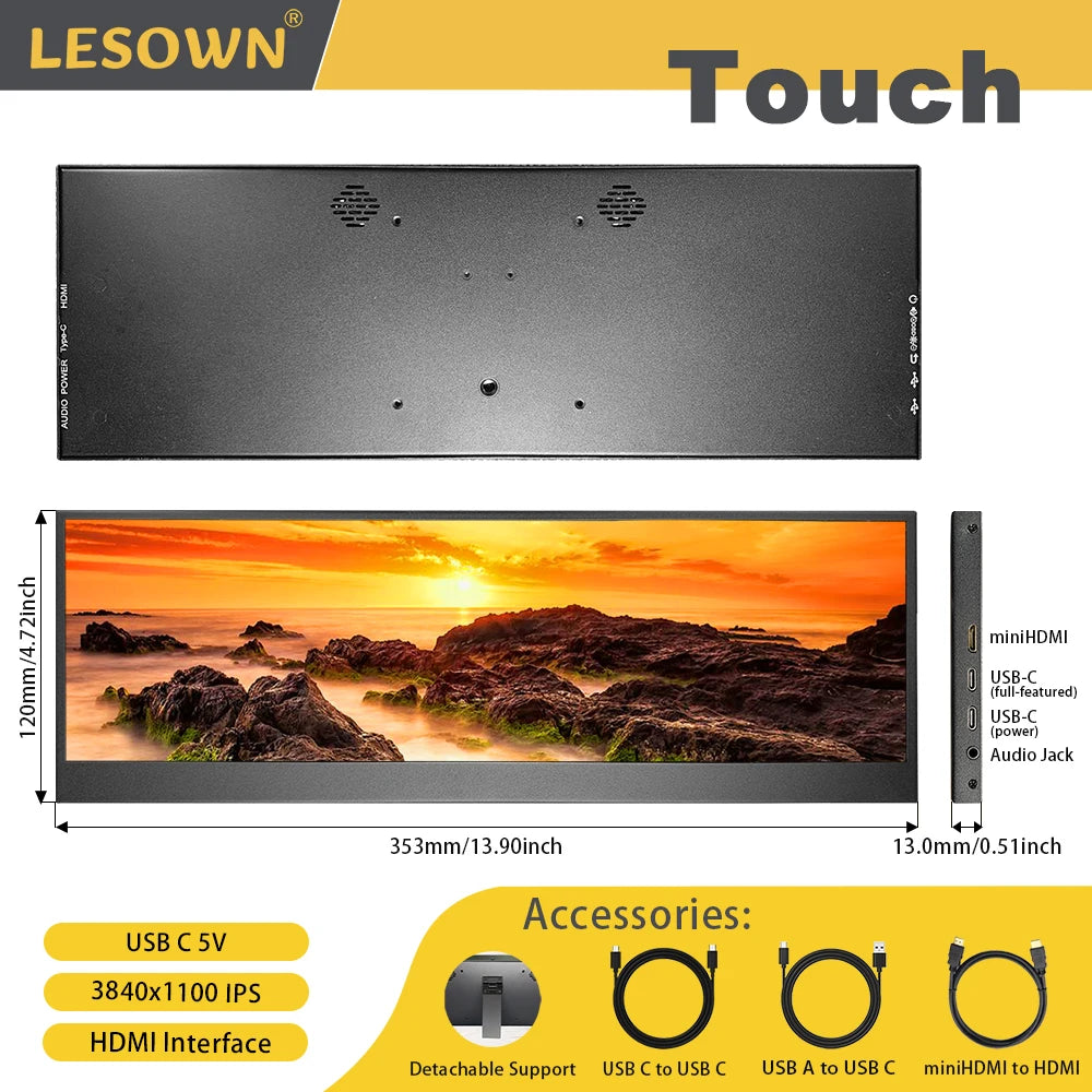 LESOWN 14.1 inch Long Portable Monitor 4K Ultra Wide Touch Screen Capacitive USB C HDMI IPS Laptop PC External LCD Monitor