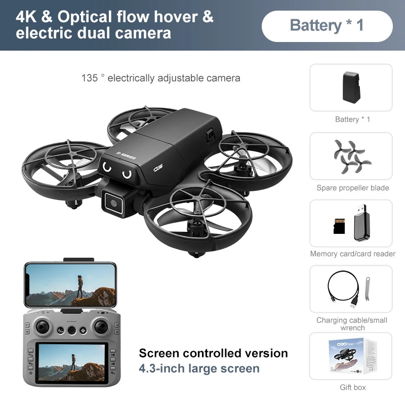 D36 Drone 4K HD Aerial Photography Dual Cameras Screen RC Quadcopter with Dynamic Lighting Optical Flow UAV Toys Gifts