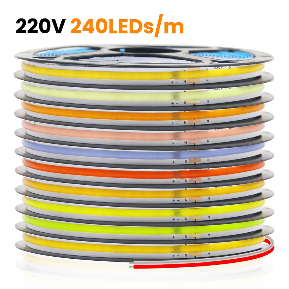 Led Strip COB 220V High Brightness 5m 10m 20m 50m Flexible Light Tape with IC Rectifier 230V 240V AC 240LED/m Linear Lighting