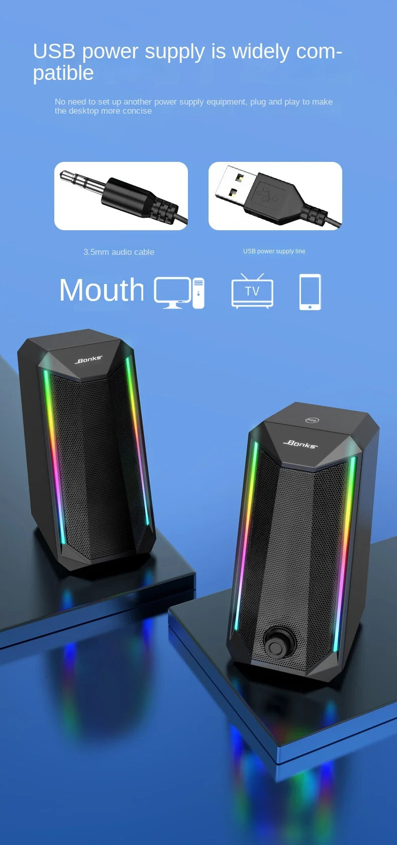 Desktop Speakers, 2.0 Channel PC Computer HiFi Stereo Gaming Speaker with Colorful LED Light Modes, Enhanced Bass and Easy-Acces
