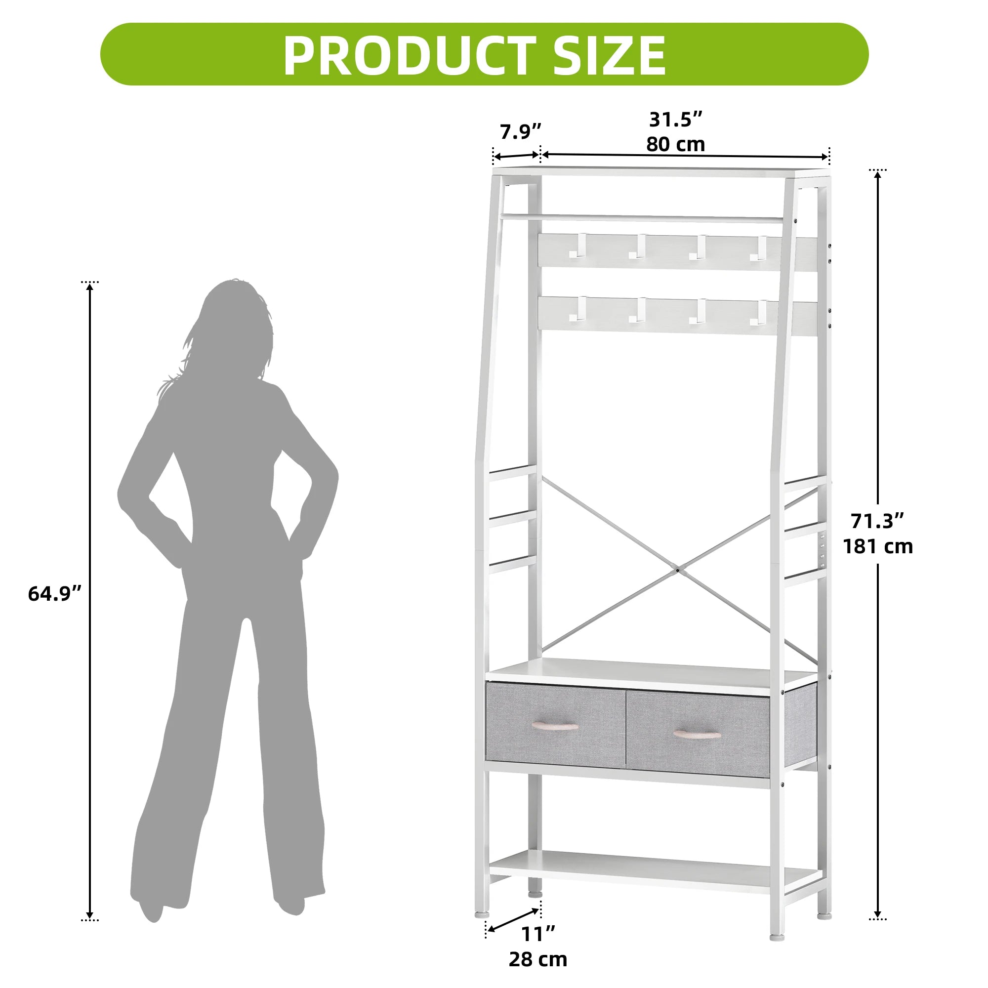 YITAHOME White Industrial Coat Rack - Hall Tree with Bench, 8 Hooks and 2 Foldable Drawers for Entryway Living Room