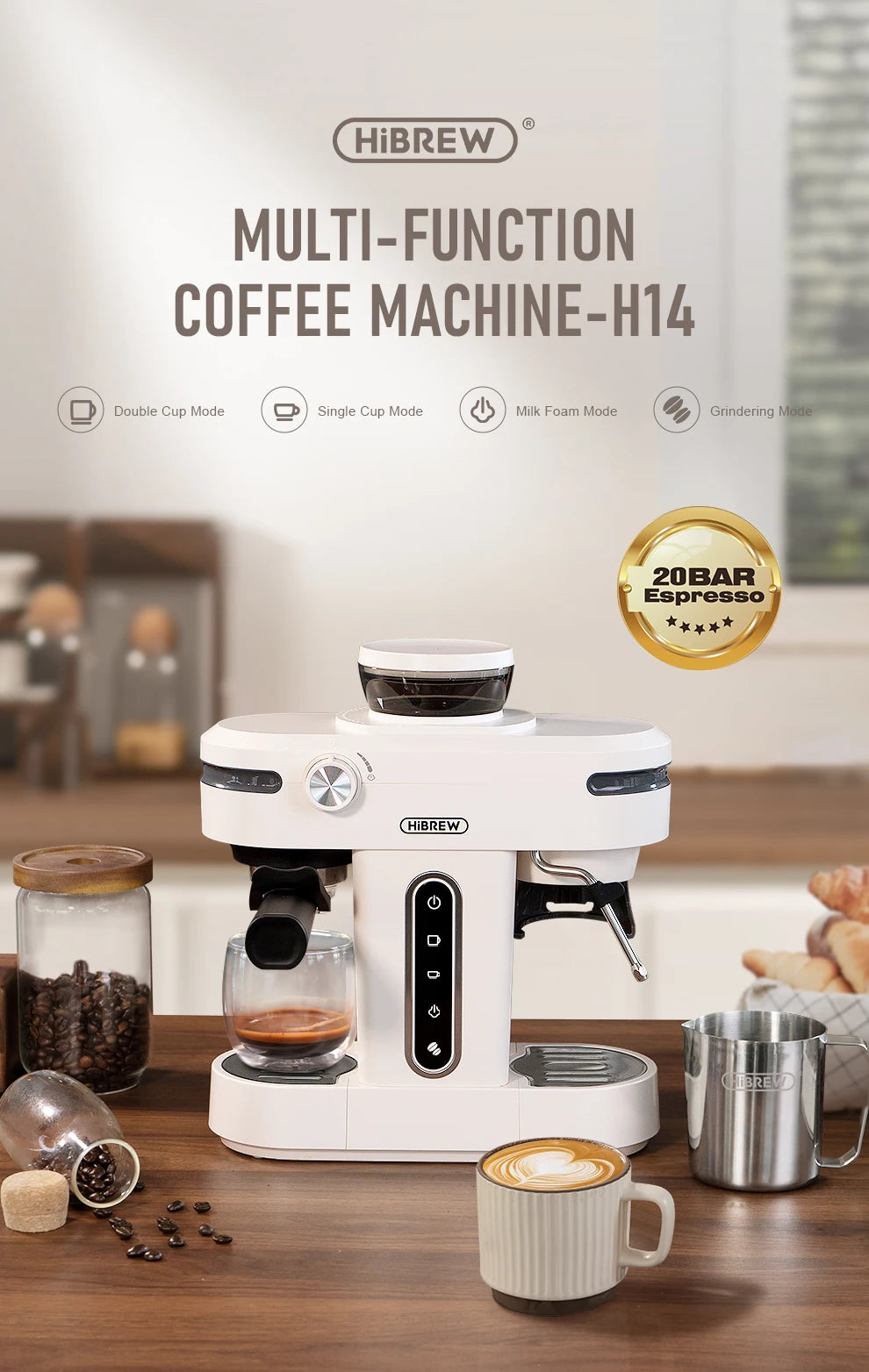 HiBREW 20 Bar Semi Automatic Espresso Coffee Maker With Grinder Bean For Cappuccino and Latte Milk Frothing System Machine H14