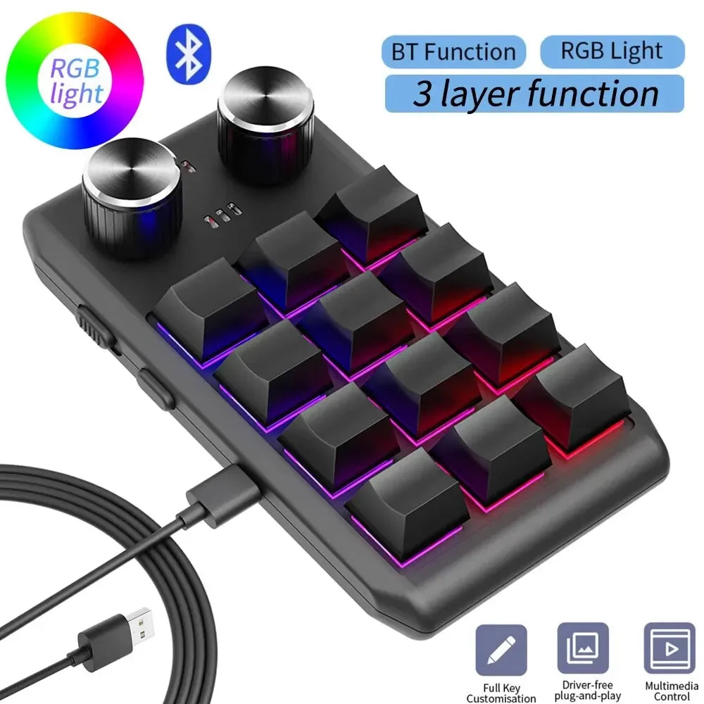 12 Keys 2 Knob Custom Mechanical Keyboard 3 Modes Bluetooth 2.4G Macro Programming Keyboard Hot-swapping Keypad for Gaming PS
