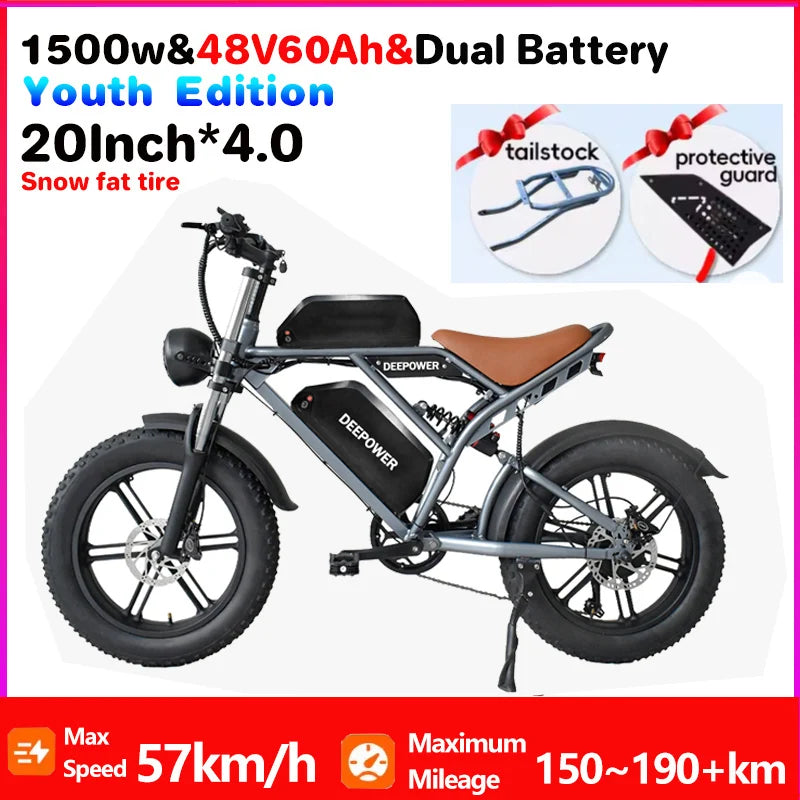 Electric Bike 48V60Ah 1500W 20 Inch Fat Tire Ebike for Adults Mountain Off-Road Dual Batteries Electric Bicycle free of duty