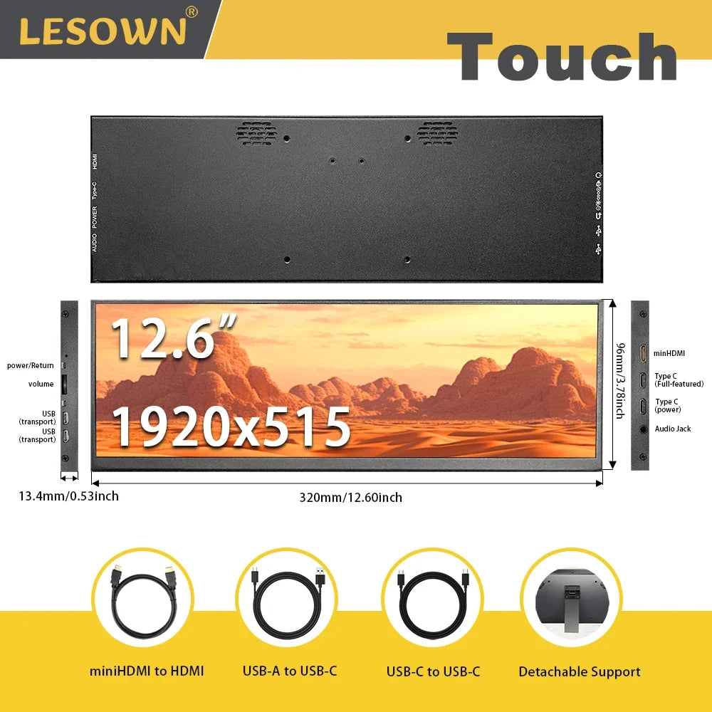 LESOWN Long Bar 12.7 12.6 inch Monitor 120Hz 2880x864 IPS Touch HDMI Type C Sensor Panel LCD Data Ancillary Screen Temp Display