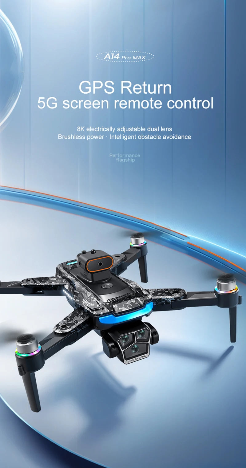 New A14ProMax 8K Drone 4.3Inch Screen Control GPS Brushless Motor Dual Camera Optical Flow Obstacle Avoidance Foldable RC UAV