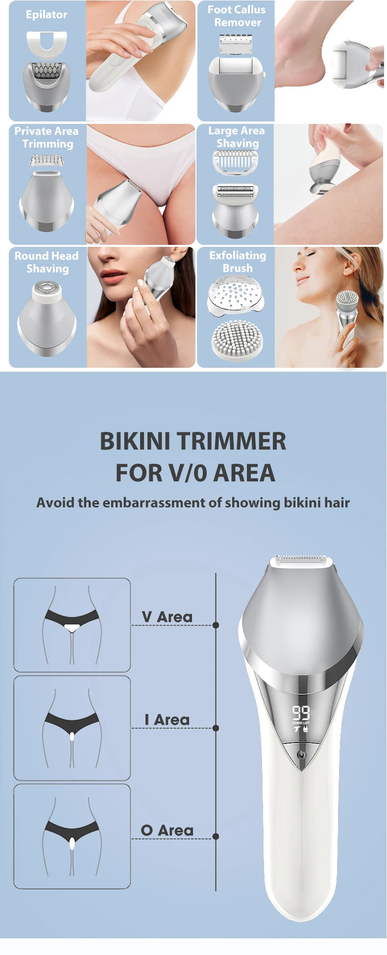 7in1 Electric Hair Removal for Women Bikini Trimmer Razor Massager Foot Callus Remover Waterproof Body Epilator Facial Razor