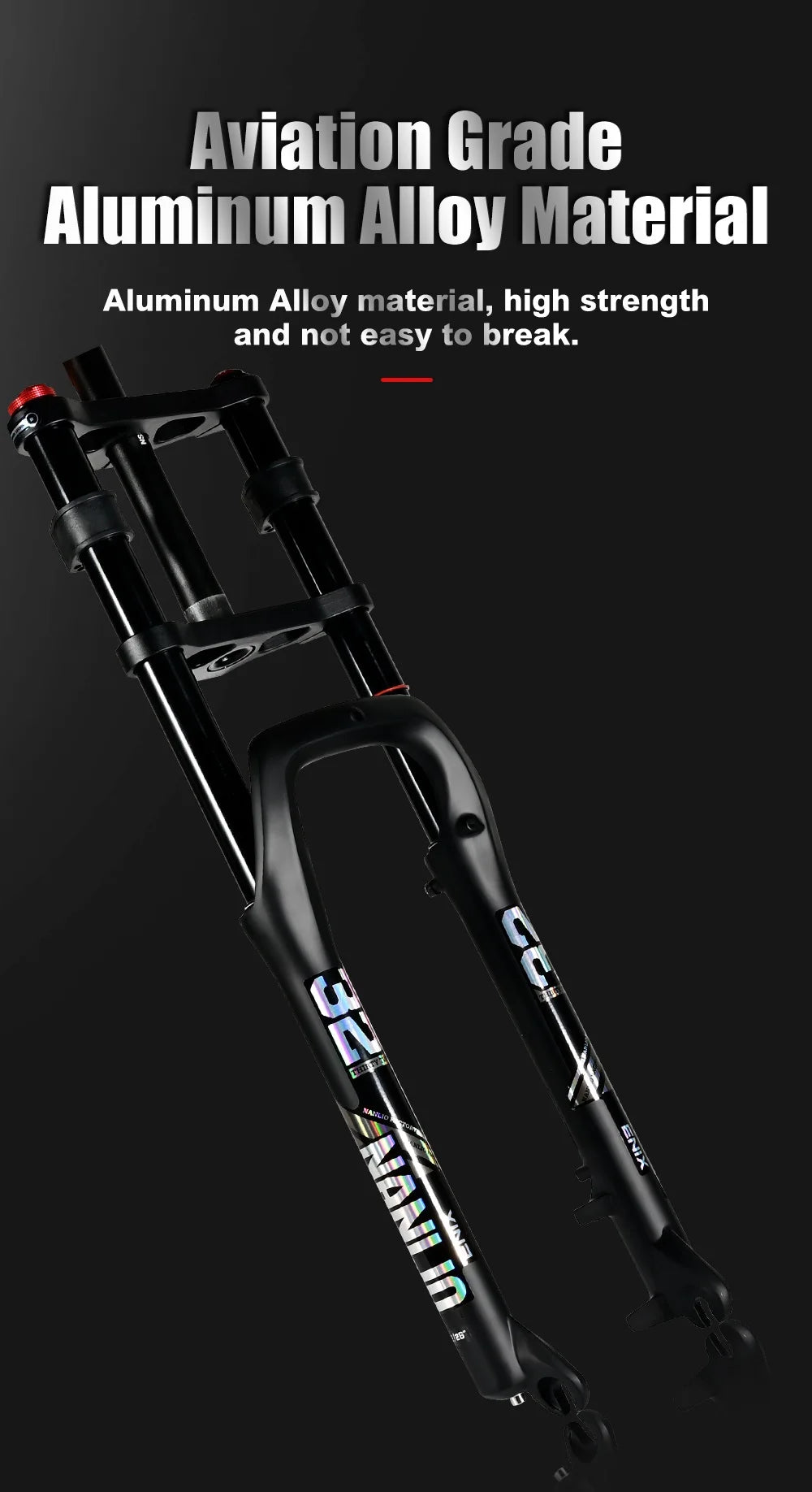 Nanlio Double Shoulder Snow Fork 20/26x4.0 Inch Fat Tire Air Suspension34mm Tube 135mm Hub Width for E-Bike MTB Electric Bicycle