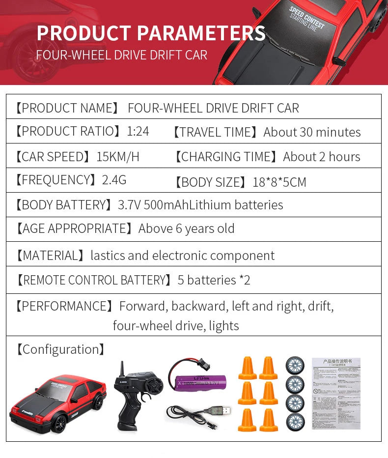 4WD Remote Control Car RC Drift 1:24 20KM/H High Speed Vehicle with LED Lights Racing Sport Toy for Adults Boys Girls Kids Gifts