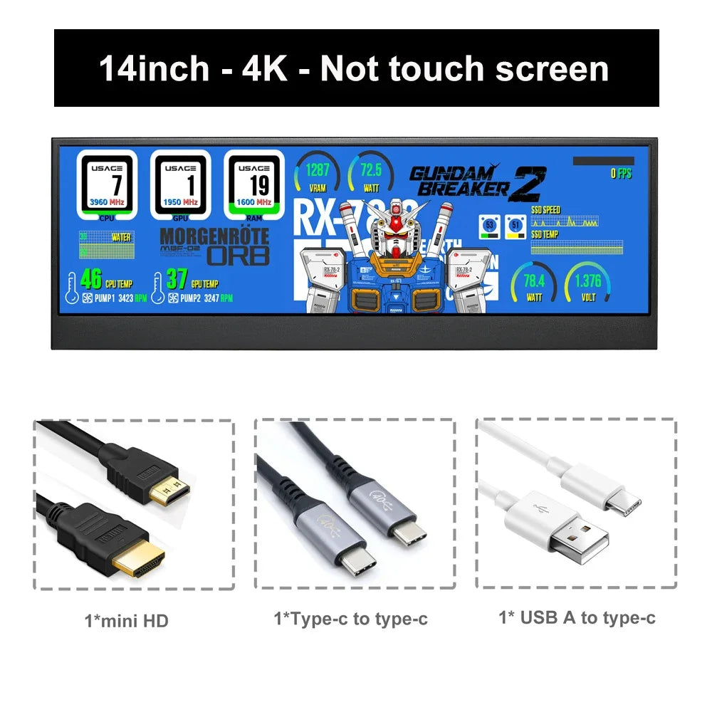 Wisecoco 14" 4K 3840 x 1100 Touch Screen Monitor IPS Secondary Bar Display HDMI for PC Laptop Phone Aida64 CPU GPU Monitoring