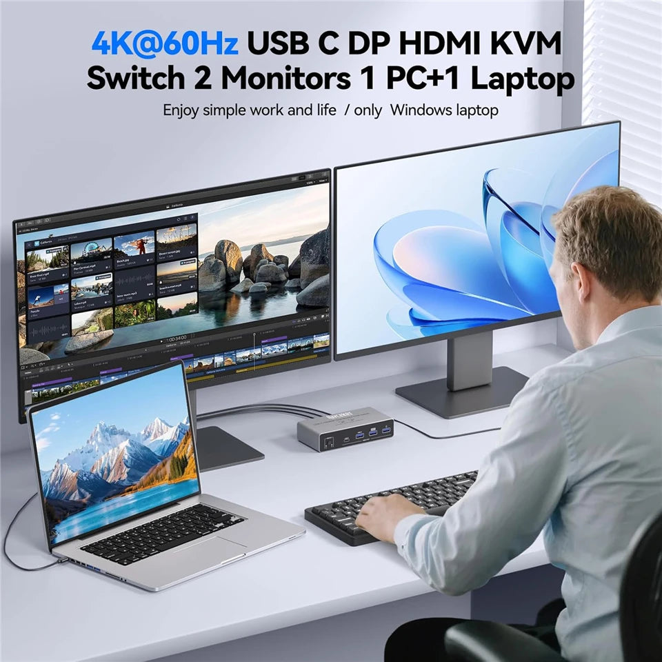 USB C HDMI DP KVM Switch 2 Monitors 4K@60Hz Dual Screens Type C KVM Switches 100W PD for 1 PC 1 Laptop Share Mouse Keyboard