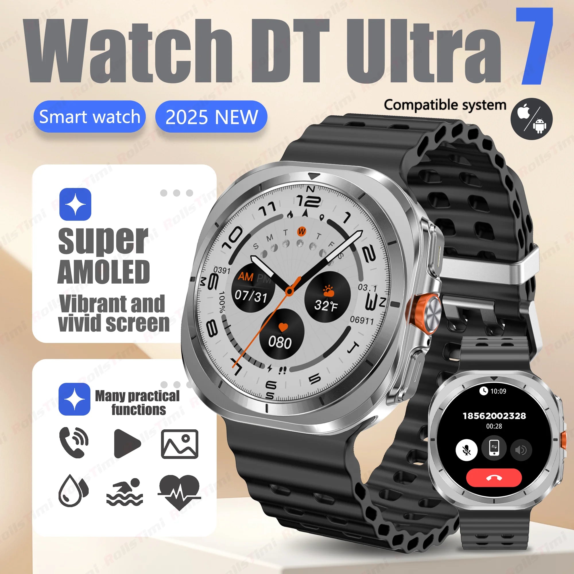 Smart Watch 7Ultra for Men ChatGPT Compass NFC 360*360 AMOLED Screen Heart Rate Monitor Bluetooth Call IP68 Waterproof Smartwat