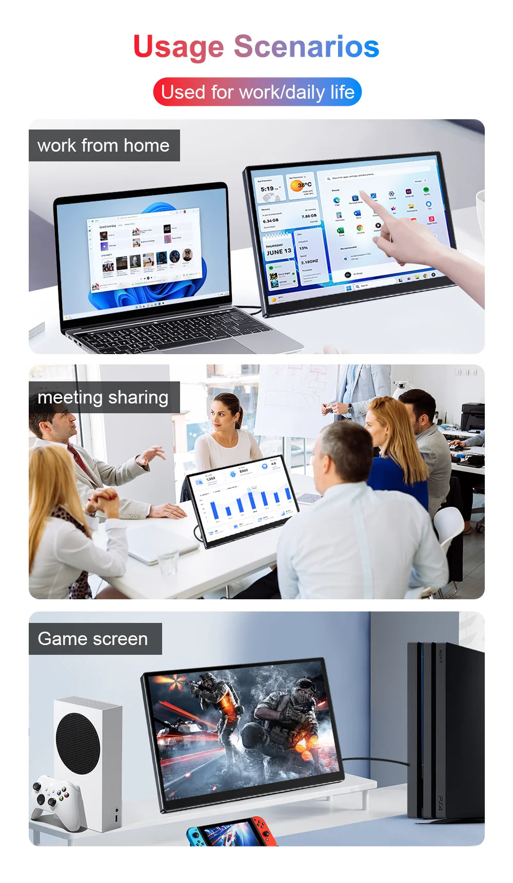 14 inch Portable Monitor Touch Screen with 1920X1200 IPS Office Computer Second Display for Laptop Phone CCTV DIY Car Syteam