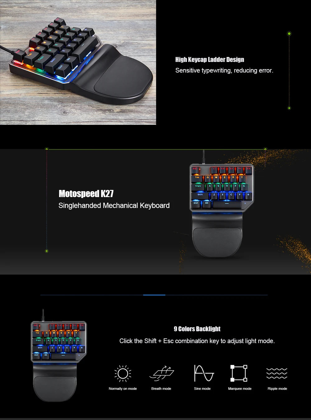 Motospeed K27 Gaming Mechanical Keyboard 27 Keys Wired LED Backlight Single Handed Numpad Computer Keypad Red Switch For Laptop