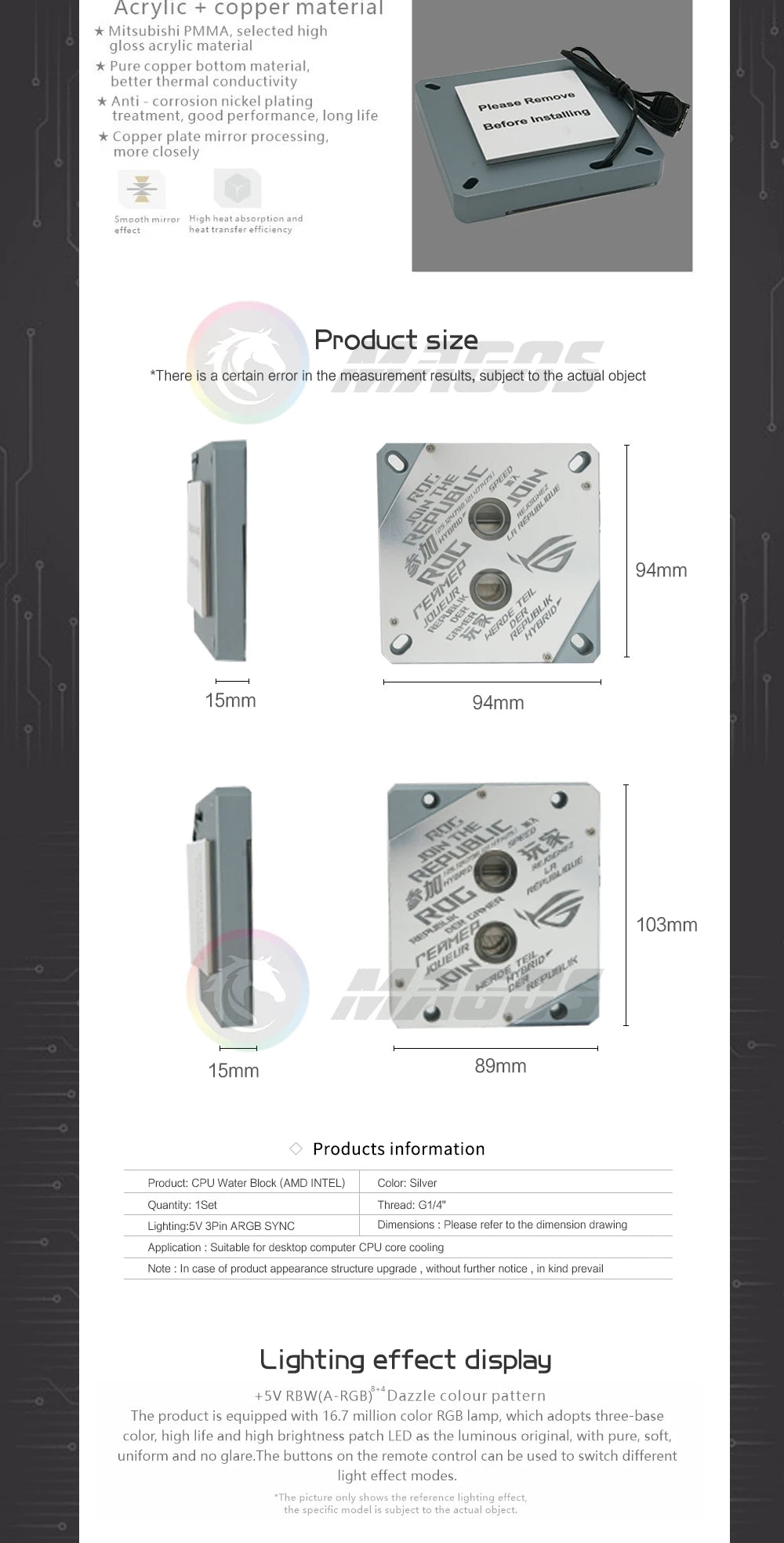 1700 CPU Water Block Mirror Surface ROG 5V ARGB SYNC Watercooler LGA1700 AM4 AM5 Platform Customized Available