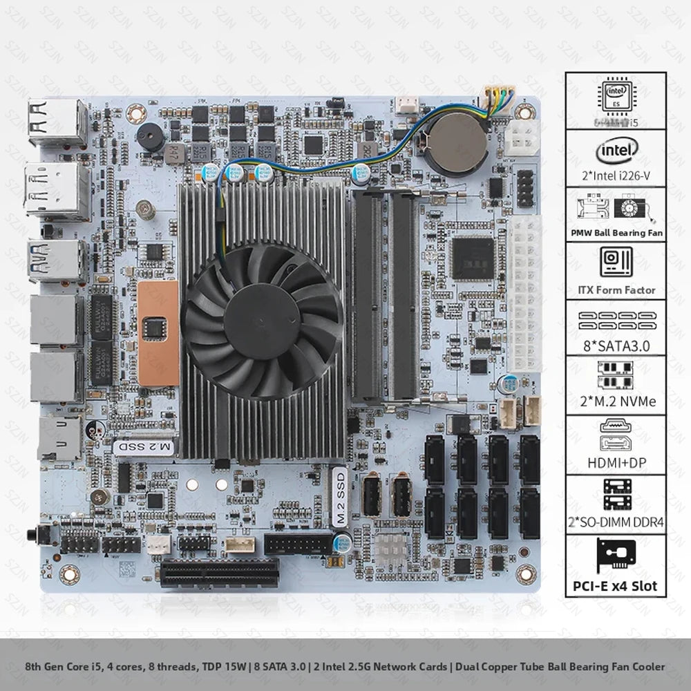 Nas Set Motherboard CPU Combo with Onboard I5-8265U ES Processor DDR4 8-32G 2400MHz Support 8*SATA3.0 2*M.2 NVME Low Power