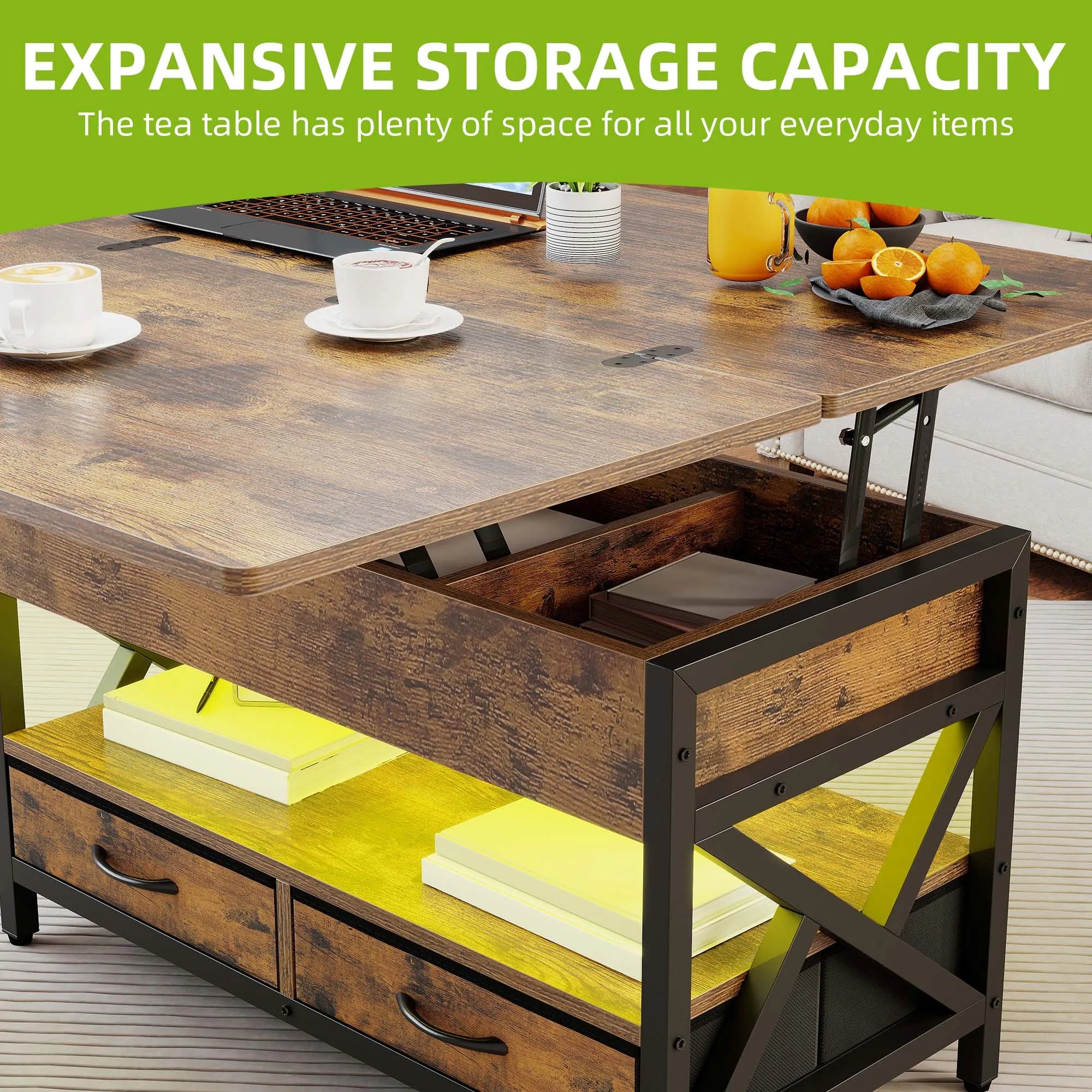 Balconera Lift-Top Coffee Table with Storage - Extendable Dining Table with 2 Drawers & LED Light, 90×50×51.5cm