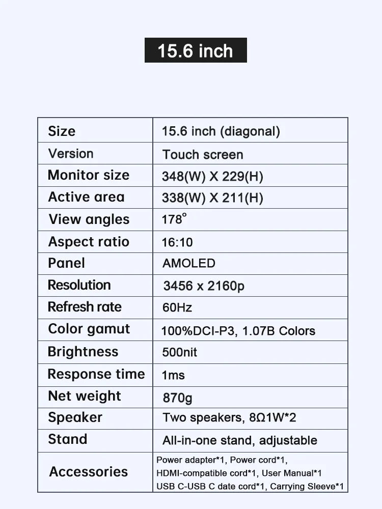 15.6inch 4K OLED Touch Screen Portable Monitor 500Nit USB-C HDMI-Compatible External 16:10 Gaming Display for Xbox Switch Laptop