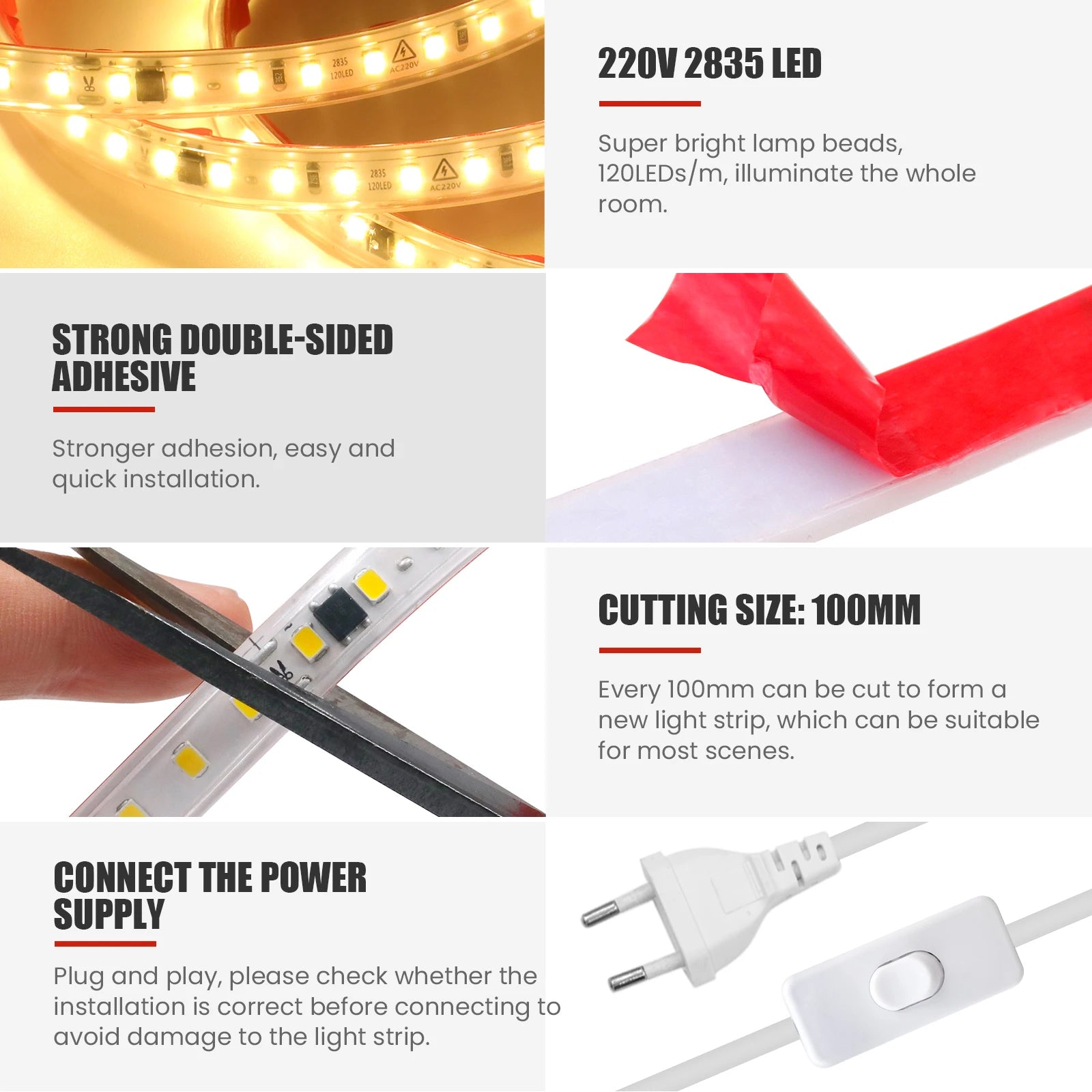 220V LED Strip Light 0.5m 5m 10m 20m 25m 30m 40m 2835 120LEDs Flexible LED Tape with Adhesive Tape Waterproof Ribbon Light