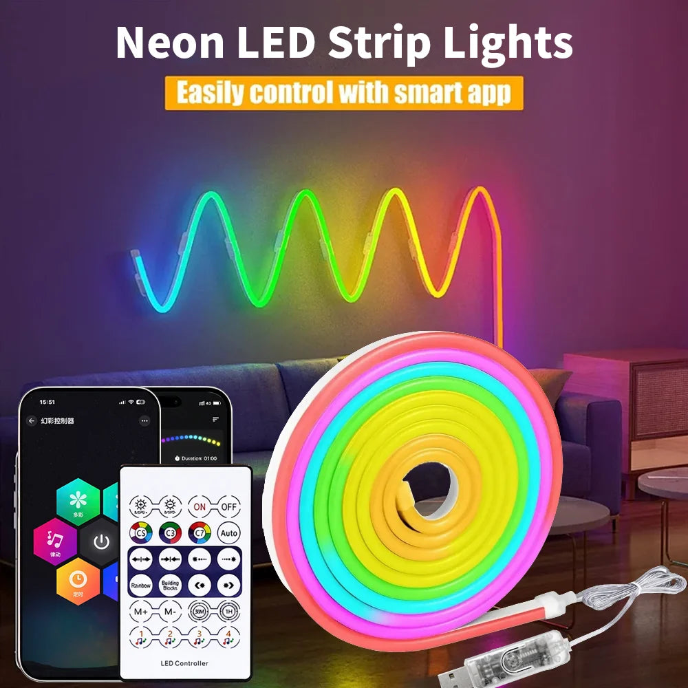LED Neon Light Strip RGBIC USB with Bluetooth APP Control Music Sync Waterproof Flexible Suitable for Game Room Party Decoration