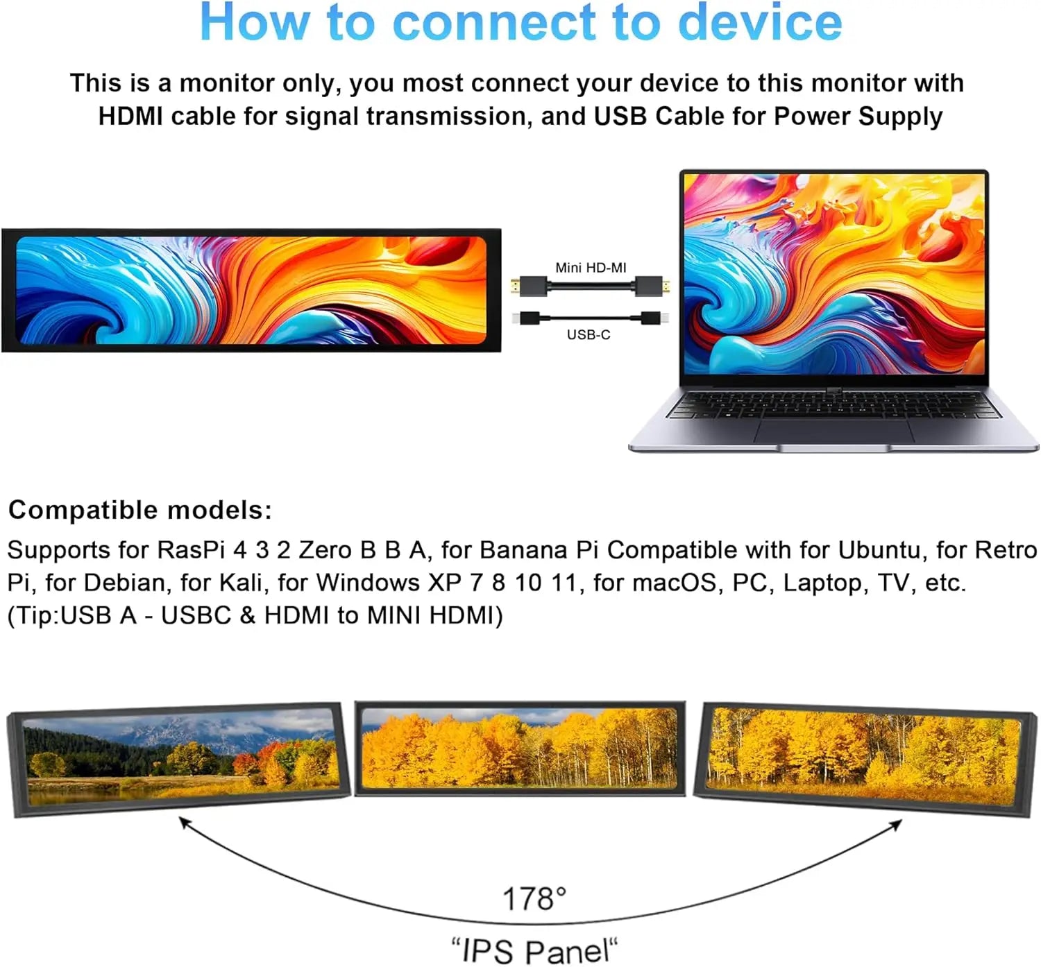 Wisecoco 12.3/11.3'' 1920x720 Touch Portable Monitor Stretched Bar Screen Gaming Monitor Not support AMD integrated graphics