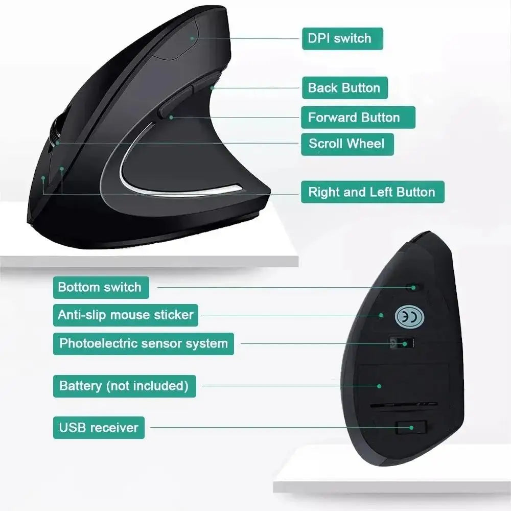 Wireless Mouse Vertical USB 2.4GHz Ergonomic 800/1200/1600 DPI 6 Mute Buttons For MacBook Tablet Laptops PC Computer Accessories
