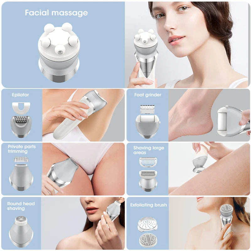 7in1 Electric Hair Removal for Women Bikini Trimmer Razor Massager Foot Callus Remover Waterproof Body Epilator Facial Razor