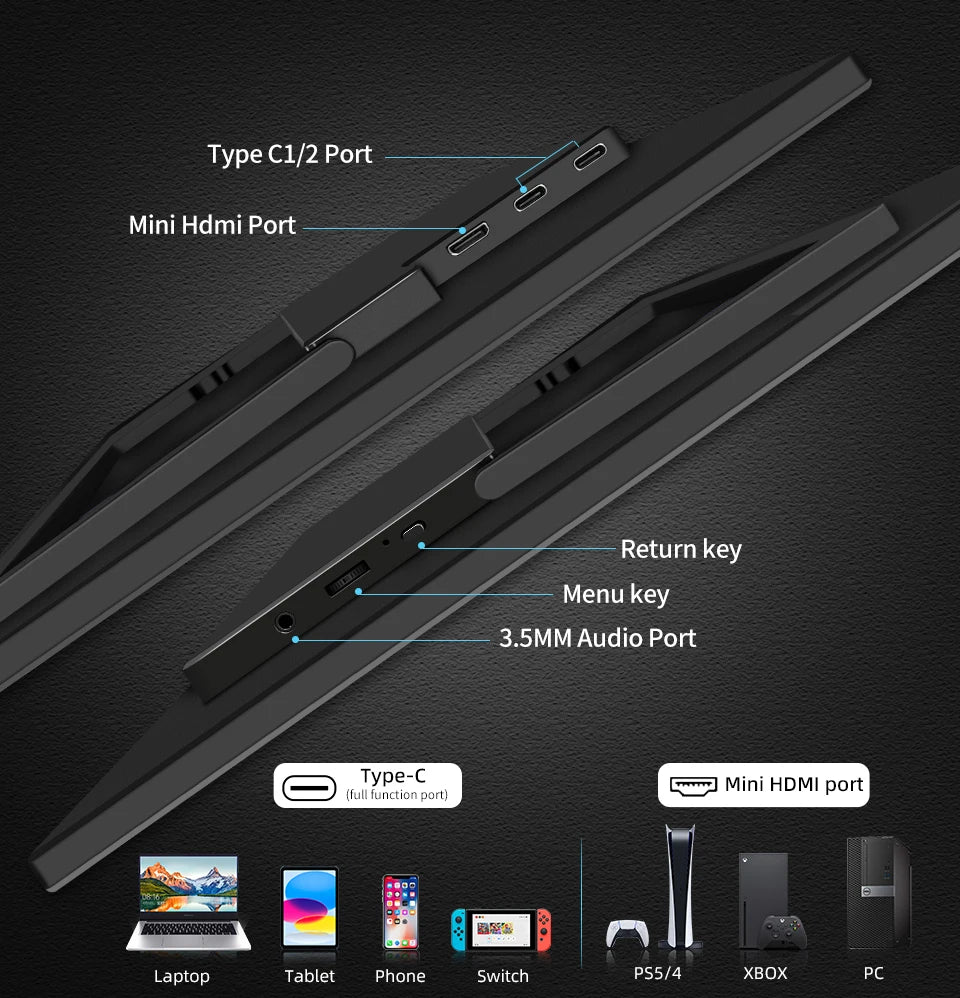 16" Portable Monitor 1200P IPS 100%sRGB 300Cd/m² Comes with dual speakers Travel Gaming Display for Laptop Switch ps4 ps5 Xbox