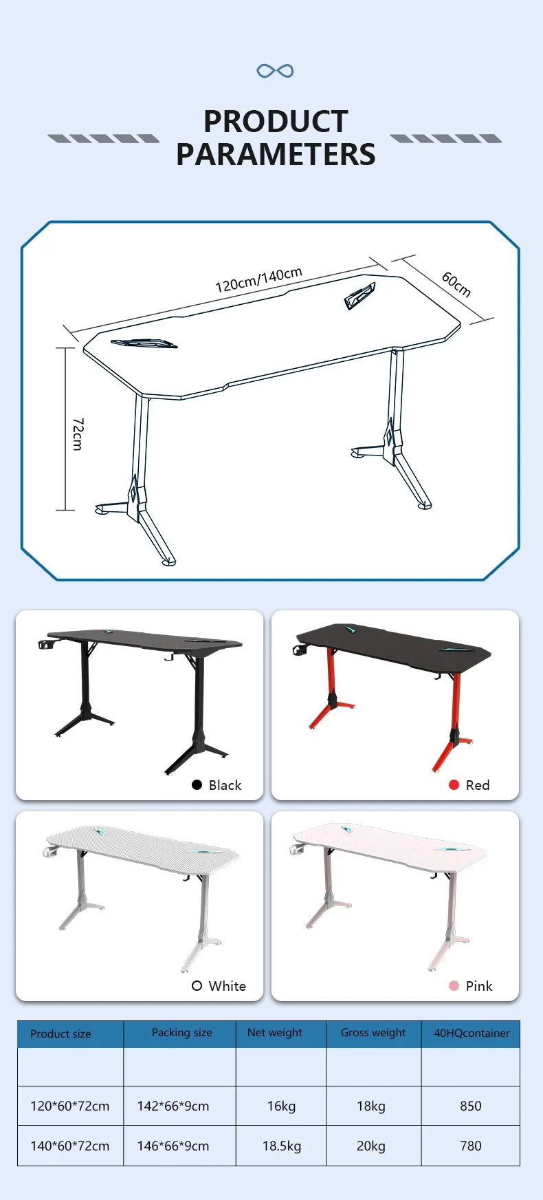 Factory wholesale carbon fiber desktop gaming desk custom black white racing gaming table design PC computer desk for E-sports