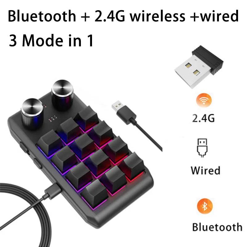 12 Keys 2 Knob Custom Mechanical Keyboard 3 Modes Bluetooth 2.4G Macro Programming Keyboard Hot-swapping Keypad for Gaming PS