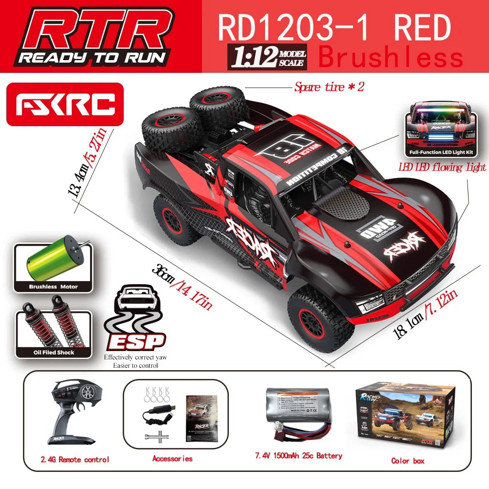 Hb-Rd1201-1204 1:12 Scale 4WD High-Speed Remote Control Car with LED Light 2.4GHz Frequency 45km/h RC Short Truck Toy Model