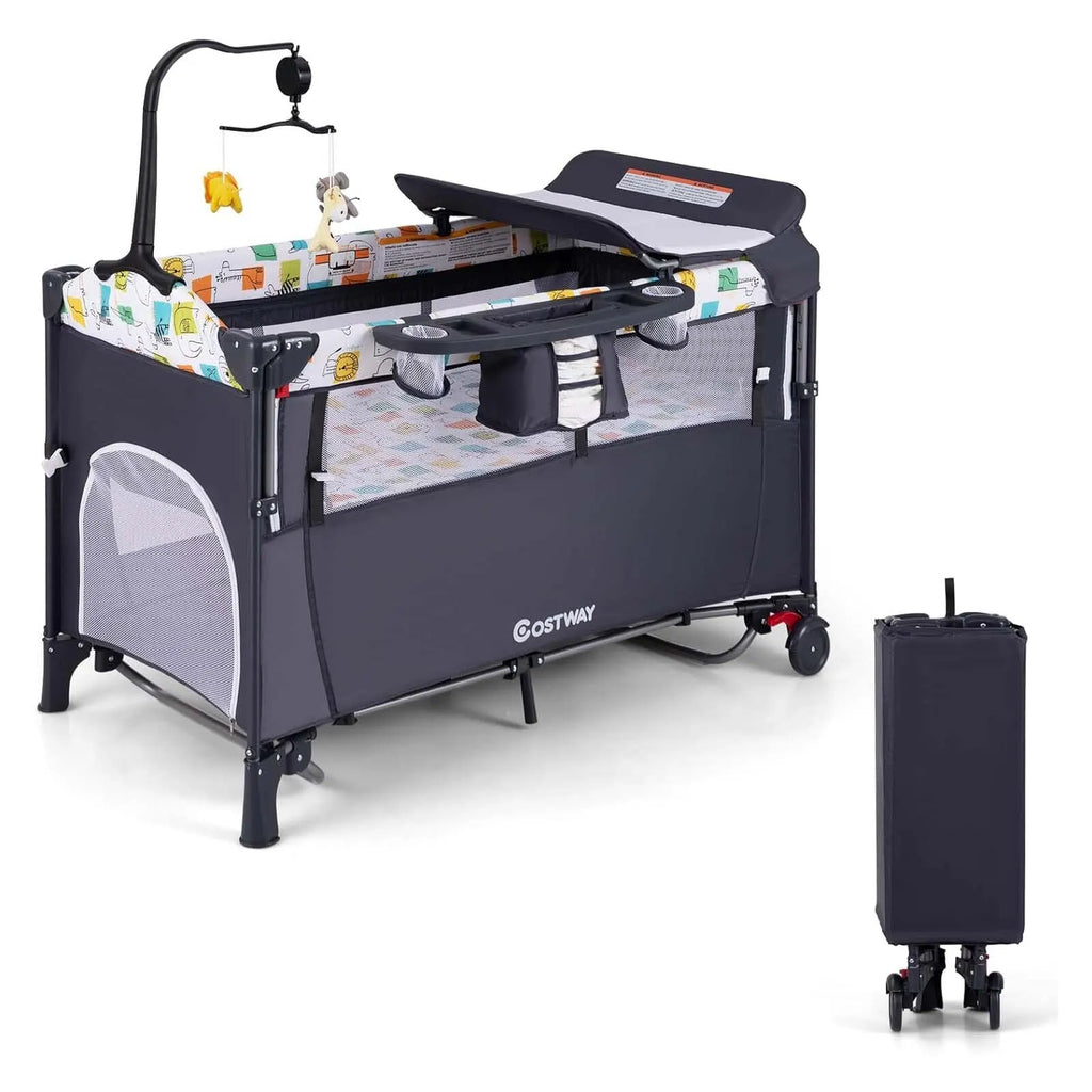 5-in-1 Baby Cot 120 x 60 cm, 2 Level Travel Cot with Mattress, Changing Mat, Toys, Music Box & Carry Bag, Foldable Side