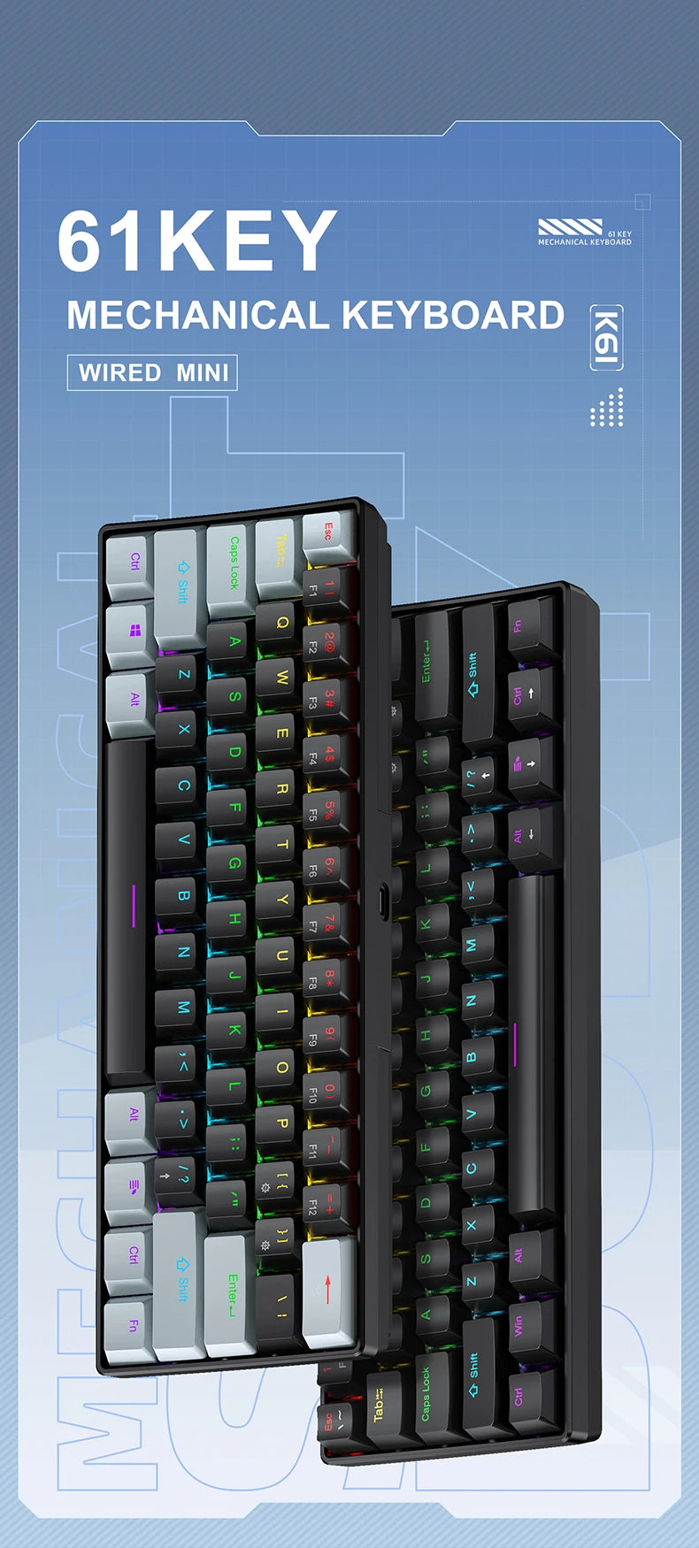 K61 Wired Mechanical Keyboard,61-key Design,1000Hz Return Rate,USB2.0 Full-speed Connection to Devices