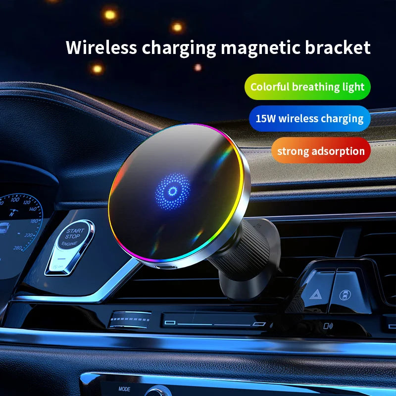 Magnetic Wireless Car Charger  Phone Stand For Magsafe iPhone 17 16 15 14 13 12 Pro Max Air Vent RGB Fast Charging Station Mount