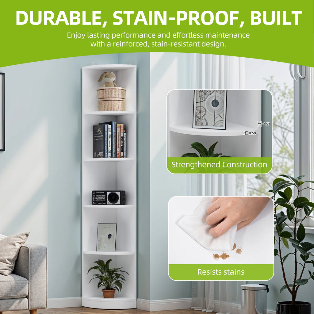 YITAHOME White 5-Tier Corner Bookcase - 30x30x180cm Wooden Shelf, Open Storage for Living Room & Office - Freestanding (White)