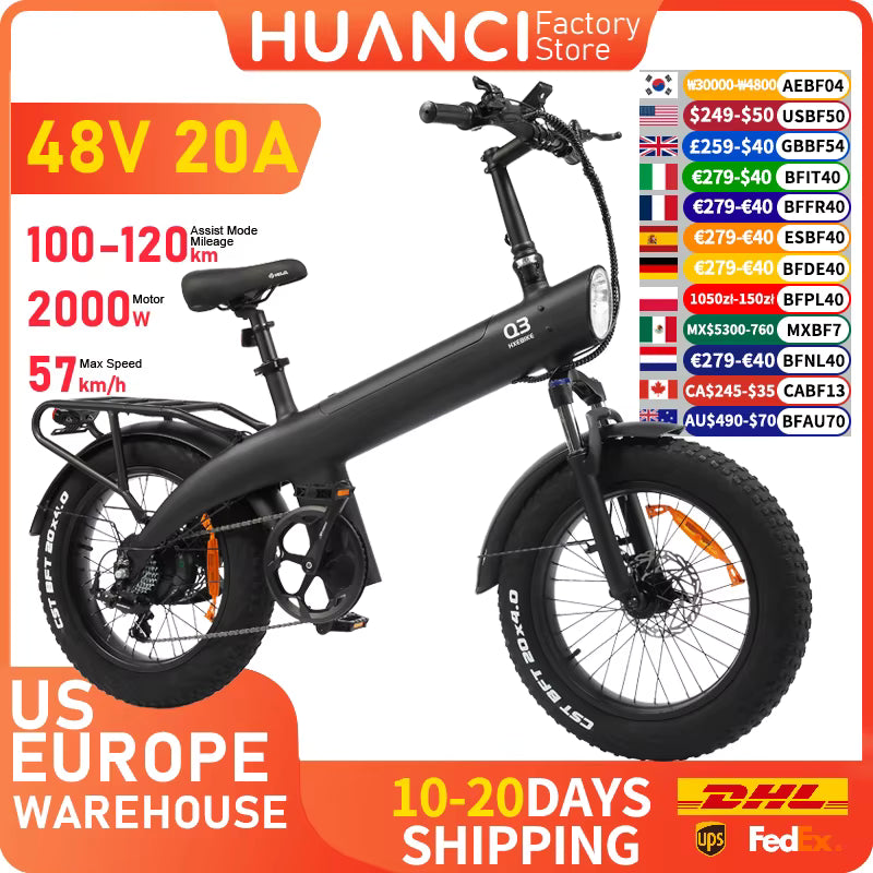 HUANCI Q3 Mountain electric bike 2000W 57KM/H electric dirt bike 48V 20AH Electric bicycle Ebike 20Inch fat tire Off-Road e bike
