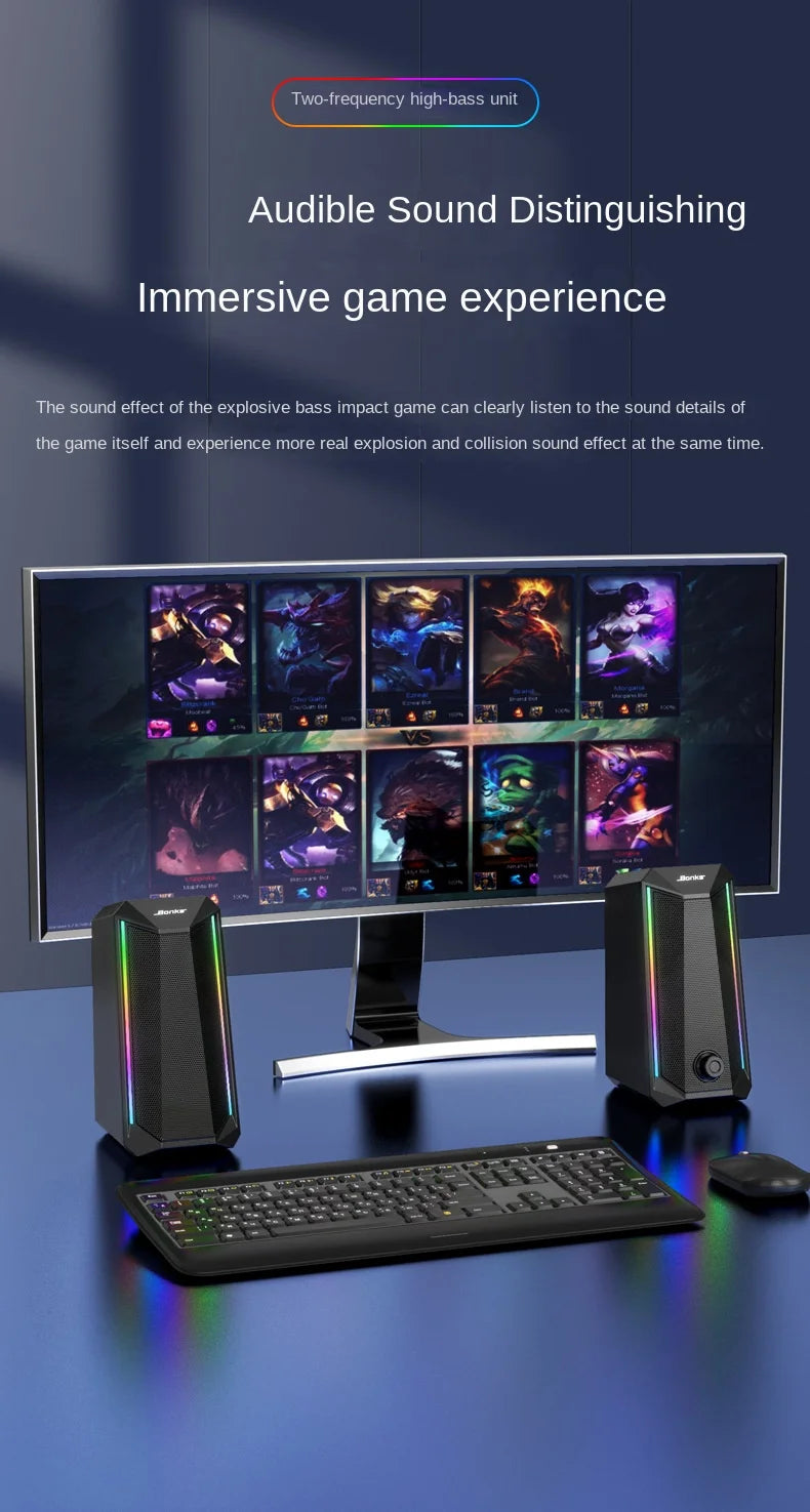 Desktop Speakers, 2.0 Channel PC Computer HiFi Stereo Gaming Speaker with Colorful LED Light Modes, Enhanced Bass and Easy-Acces