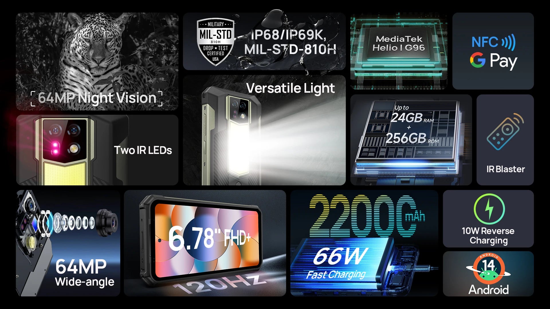Ulefone Armor 24 Rugged Phone, 22000mAh, Up to 24GB + 256GB, 6.78 ", 120Hz Smartphone, 64MP + 64MP, NFC Phone, Global Version
