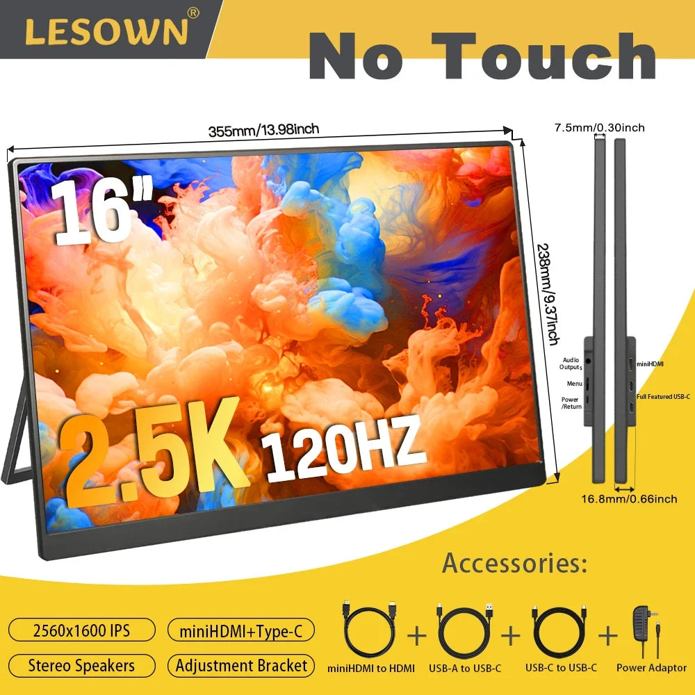 LESOWN 120Hz 2.5K Monitor 11.6 14 16 inch IPS 3840x2160 UHD VESA Gaming External Screen USB-C Display with Speaker Plastic Shell
