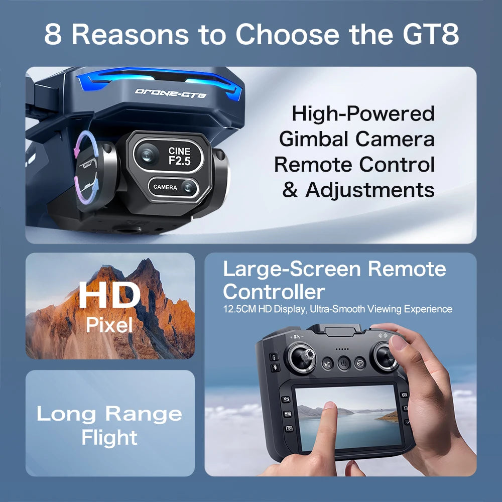 NEW GT8 Drone Obstacle Avoidance Belt 4.3-inch Screen Brushless 2.4G Optical Flow 8K HD Dual Camera Foldable Quadcopter Aircraft