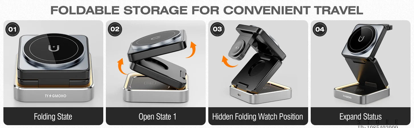 Wireless Charger 3-in-1,Portable Travel Foldable Charger Aluminum Stand for iPhone 15 14 13 12 Pro Max Plus Watch & Airpods