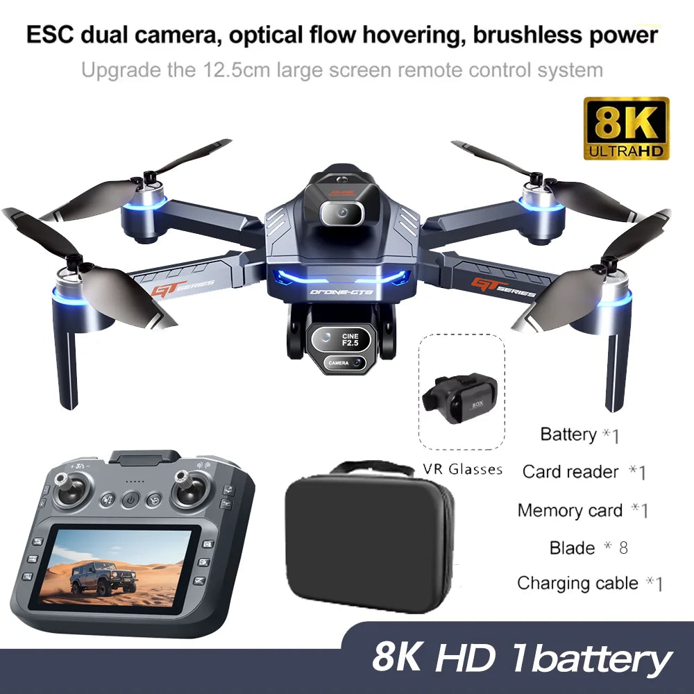 NEW GT8 Drone Obstacle Avoidance Belt 4.3-inch Screen Brushless 2.4G Optical Flow 8K HD Dual Camera Foldable Quadcopter Aircraft