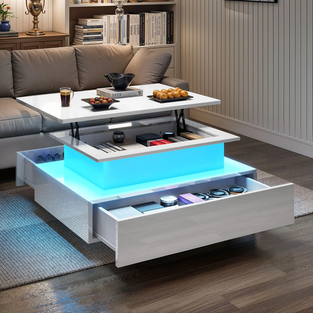 Balconera Lift-Top Coffee Table - Modern Rectangular with 16 Color LEDs & 2 Drawers, Elevated Surface with Lighting