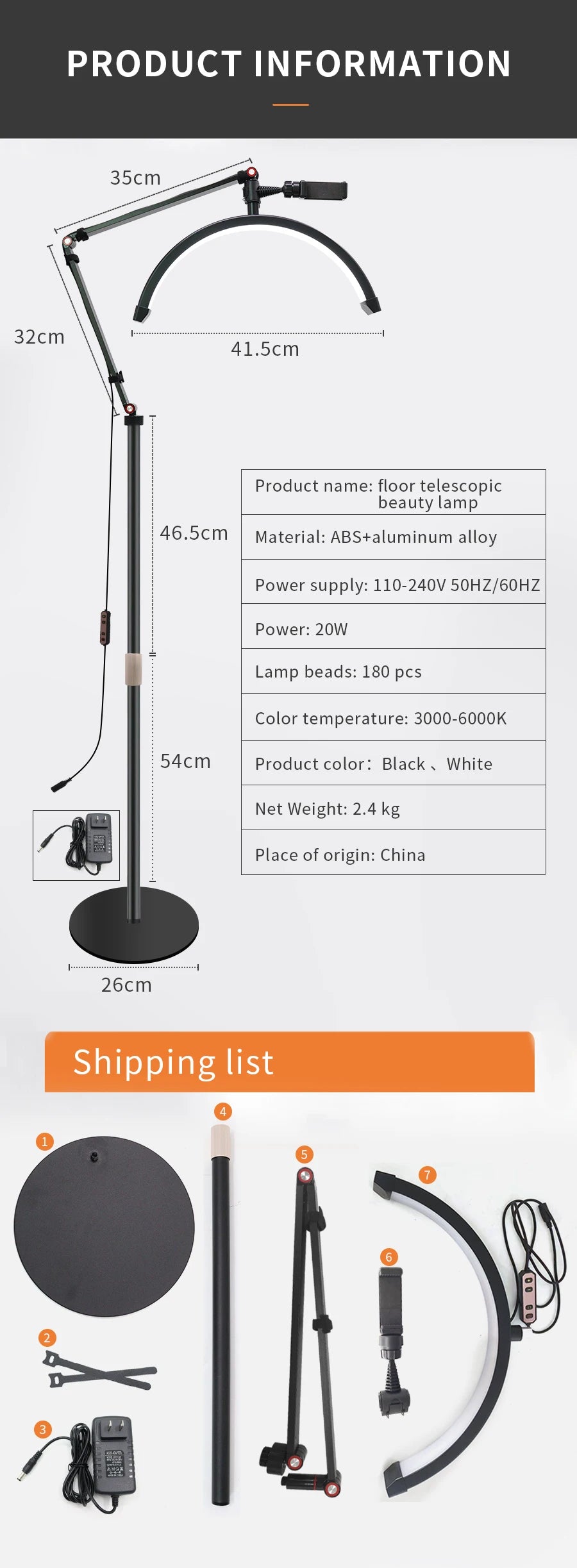 16 INCH LED Half Moon Lash Light Temperature 20W 3000K-6000K LED Ring Lamp for Beauty Facials Skincare Tattoo Eyebrows Filming