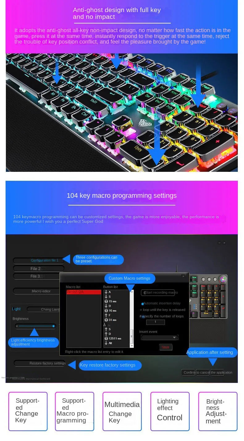 F2088 Mechanical Gaming Keyboard Anti-ghosting 104 Plating Blue Switch Wired Mixed Backlit Keyborad for Game Laptop PC