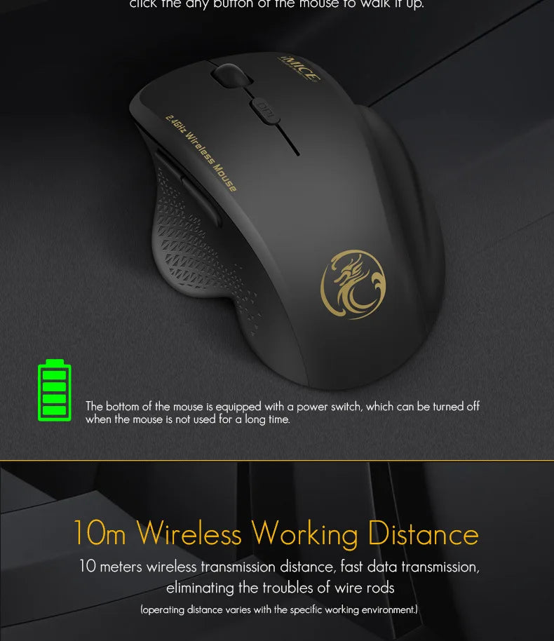 Wireless Mouse 2.4G 1600DPI Portable Gaming and Office Mouse Ergonomic Smart Power Saving for Macbook PC Gamer Laptop Win7/8/10