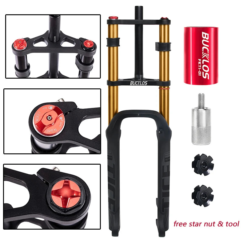 BUCKLOS 26*4.0 Snow Bike Fork Air Suspension Bicycle Fat Fork 4.0 Tire 9*135mm Mountain Bike Forks Beach E-Bike Forks