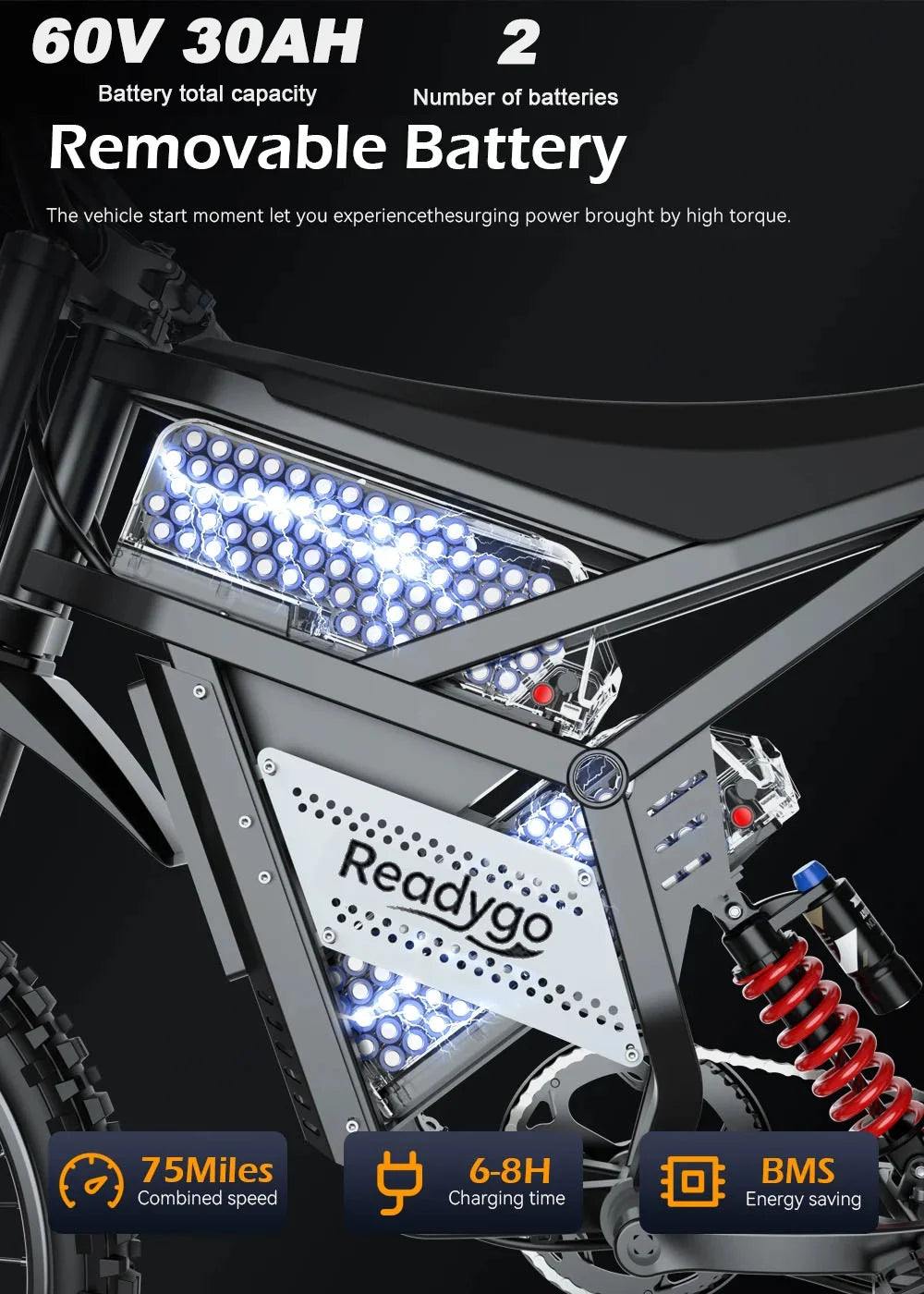 Readygo E6 Ultra Adult Off-Road Ebike 3000W Brushless Motor 60V 30AH Lithium Battery Electric Bicycle 85Km/h