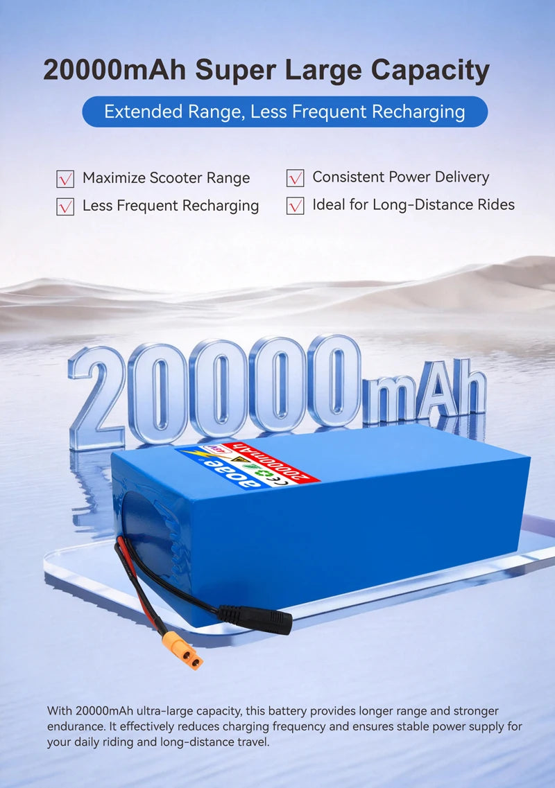 48V Battery Electric Scooter 13S8P 20Ah 18650 Grade-A Cells Battery Pack 2000W Built-in 50A BMS Long Range Safe & Durable